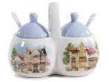 Double ceramic sugar bowl decorated teaspoons and handle