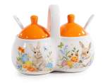 Double ceramic sugar bowl with spoons and handle