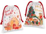 Fabric bag with Christmas print and drawstring