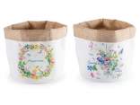 Fabric basket with floral decorations and jute interior