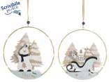 Hanging metal decoration with wooden landscape and lights