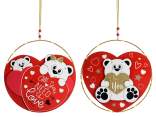 Hanging metal decoration with wooden teddy bear and lights