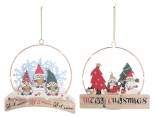 Hanging metal garland with wooden decorations, LED lights