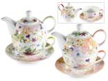 Juego de taza y tetera de porcelana decorado con flores.