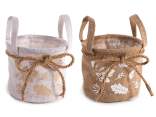 Jute container / basket with leaf and bow decorations