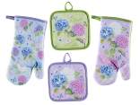 Kitchen glove and potholder set with hydrangea decorations