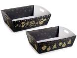 Large black paper tray with gold handles and decorations