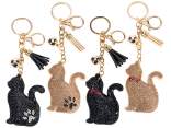 Llavero/colgante de gato con strass y colgantes