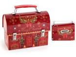 Metal suitcase piggy bank decorated as a house