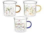 Mug en verre de 350 ml avec motif floral et anse colorée