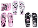 Pair of women's flip flops with cat print and bow string