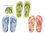 Pair of women's flip flops with summer fruit print, glitter