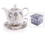Porcelain cup, teapot and saucer set with lavender print
