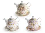 Porcelain cup, teapot and saucer set with rabbit decorations