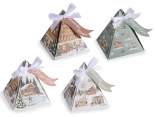 Pyramid-shaped paper Christmas box with ribbon and tag