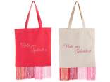Sac en tissu avec inscription brodée et franges colorées