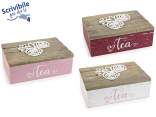 Scatola tè legno decori in rilievo rose e cuori 6 scomparti