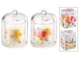 Scented candle in a glass bell jar with flower decorations