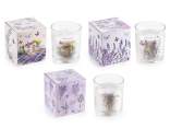 Scented candle in a glass jar with lavender decorations