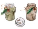 Scented candle in glass jar with bow, pine and pine cone