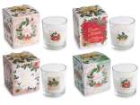 Scented candle in glass jar with holly decorations
