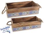 Set 2 cassette in legno con manici in corda decori maiolica