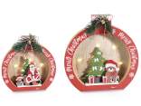 Set 2 palline in legno intagliato, pino, fiocco e luci LED