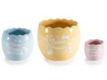 Set 3 colorful egg-shaped ceramic vases with writing