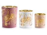 Set 3 portacandela in vetro decorato con rose dorate