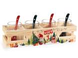 Set 4 bicchieri vetro con cucchiaino su base legno decorata