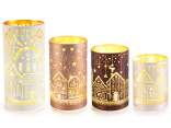 Set 4 lampade natalizie a cilindro in vetro decorato con LED