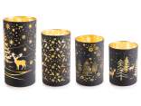 Set 4 lámparas cilíndricas navideñas vidrio decorado y LED