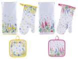 Set microfiber glove, potholder, tea towel with floral print