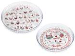 Set of 2 glass food cake tins with hen decoration