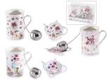 Set of 300 ml cup, porcelain saucer and flower print filter
