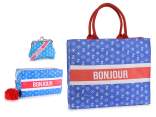 Set tote bag, astuccio e portamonete blu stampa Bonjour