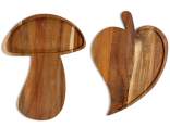 Tabla de cortar de madera de acacia con hojas y hongos