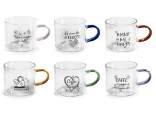 Tasse à café en verre de 80 ml avec anse colorée et inscript