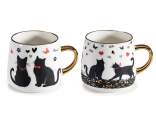 Taza de porcelana de 380 ml con gatos y detalles dorados