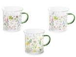 Tazza in vetro 350 ml con stampa floreale e manico colorato