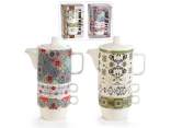 Teapot and 2 cups set in majolica porcelain