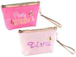 Trousse in stoffa con decori pailettes, zip e laccetto