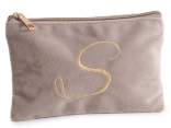 Velvet clutch bag with zip closure and embroidered letter S