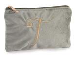 Velvet clutch bag with zip closure and embroidered letter T