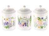 White ceramic food jar with herb print