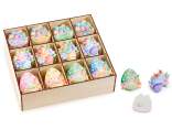 Wooden display with 144 wooden egg decorations with adhesive