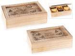 Wooden tea box 6 compartments, lid and engraved decorations