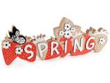 Written Spring in colored wood with strawberries and flowers