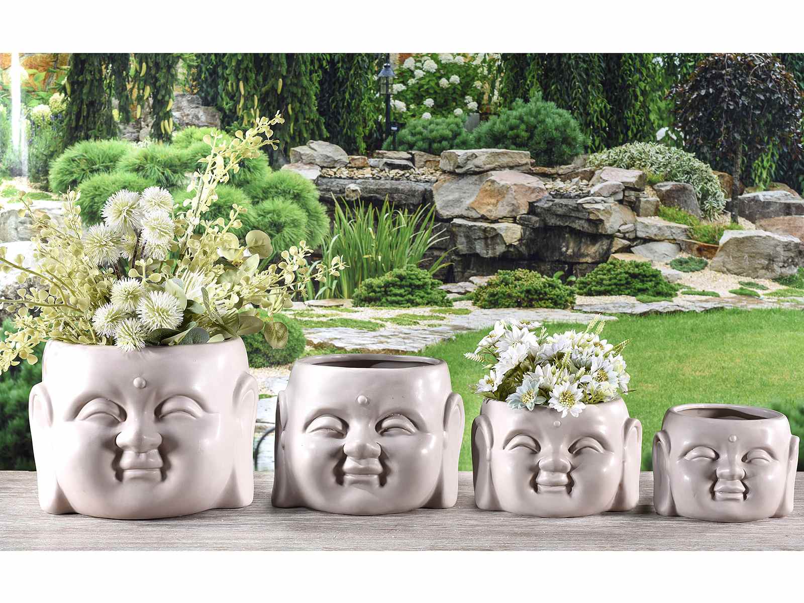 Set 3 vasi decorativi in argilla tema buddha per esterni