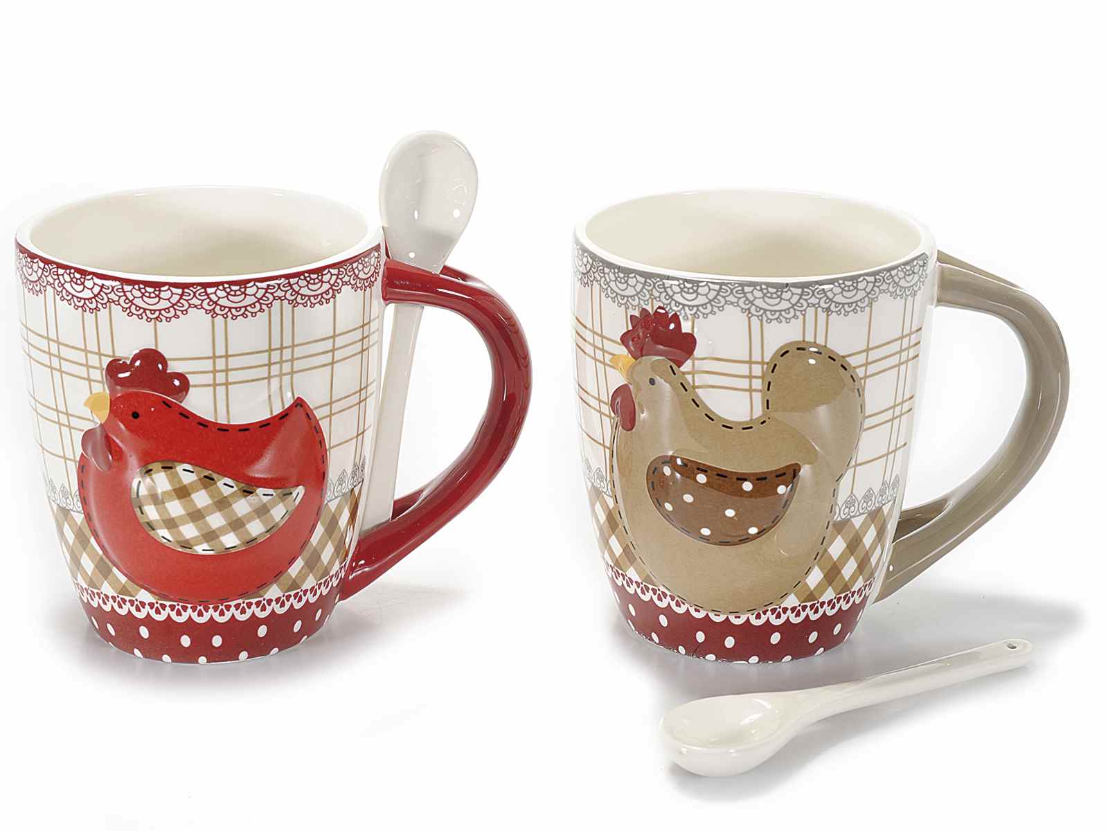 Pottery Mugs With Spoon And Hen Decoration 71 25 66 Art From Italy